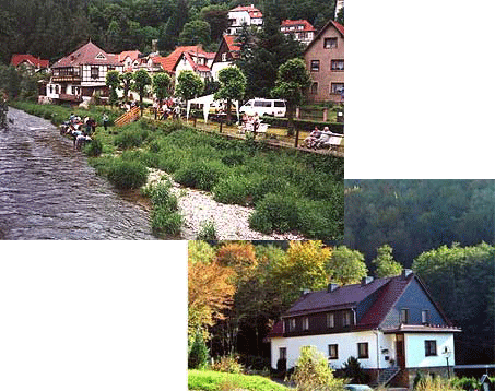 links: Goldwaschen an der Schwarza, rechts: Ferienwohnung Mller